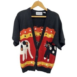 Vintage 90s Sharon Young Abstract Cat Short Sl Cardigan Chunky Knit Oversize Sm